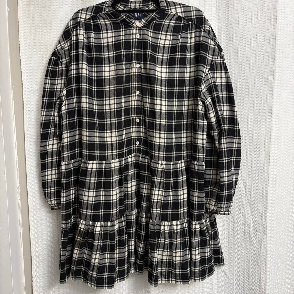 GAP Black & White Plaid Tiered Flannel Shirt Dress Balloon Sleeve XXL